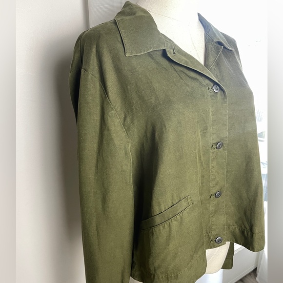 Eileen Fisher Linen Blend Cropped Lightweight Jacket Olive Green Size Medium - Picture 4 of 10